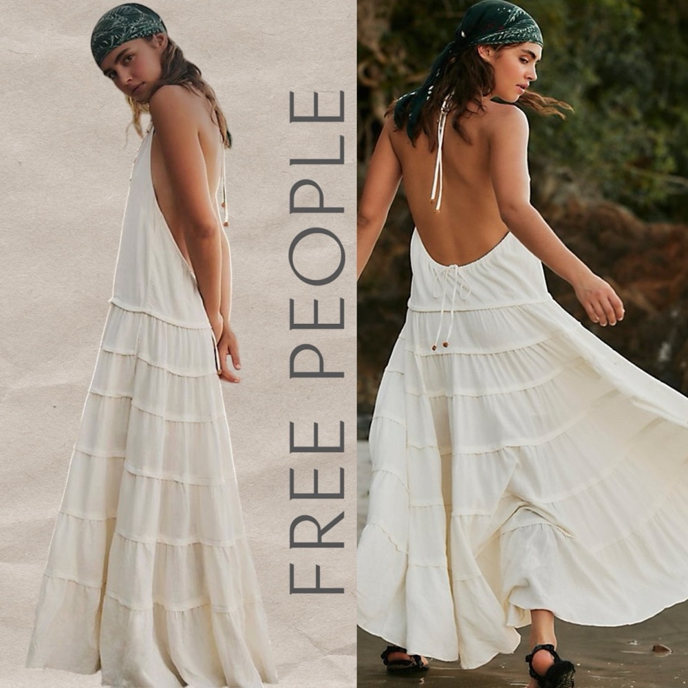 Free People Somewhere Sunny Drop-Waist Maxi Dress Earth Angel Cream White Swan L